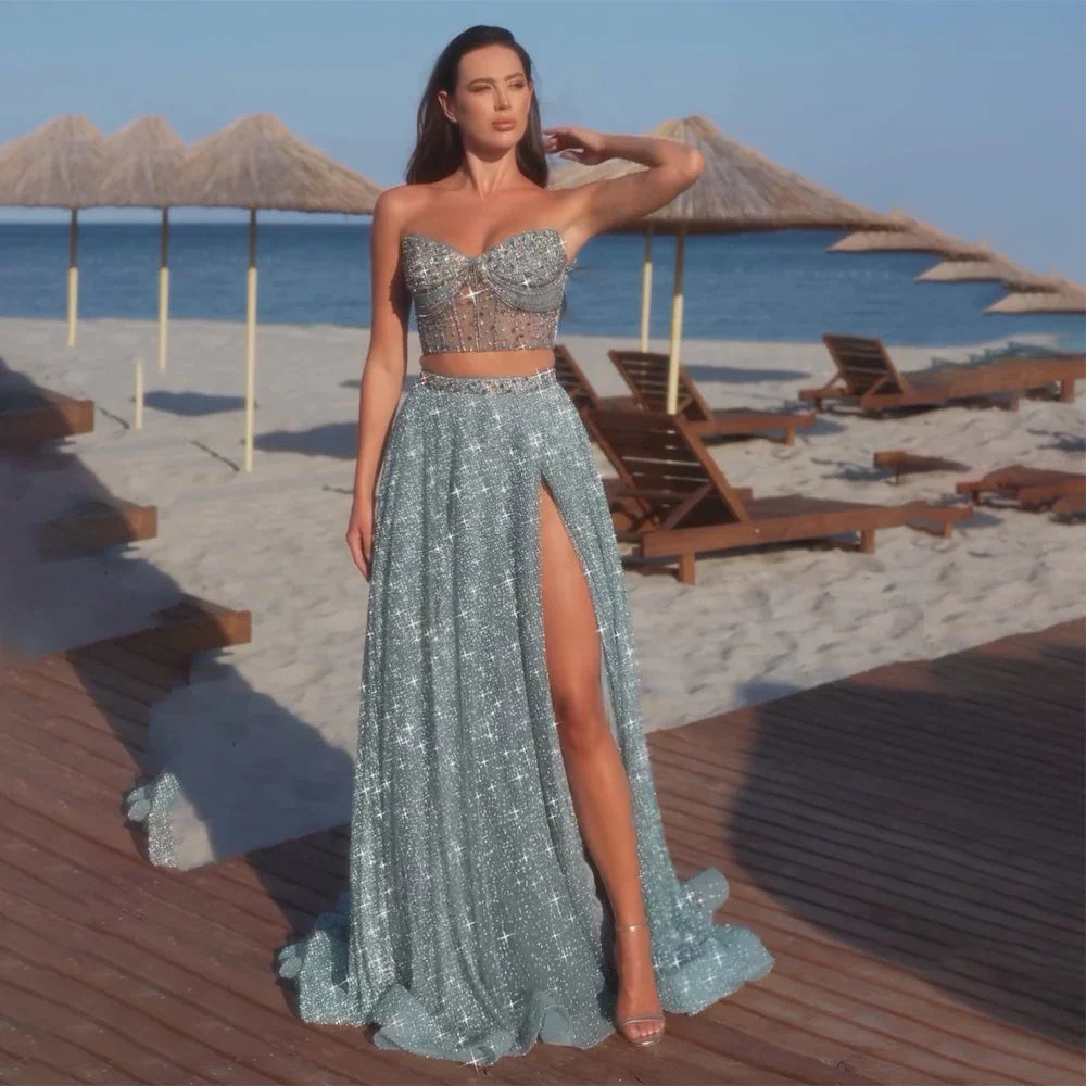 Luxury Dubai Customize Saudi Turquoise Two-Piece Evening Dress with High Split for Formal Occasion LA72786 - SERENE HILL