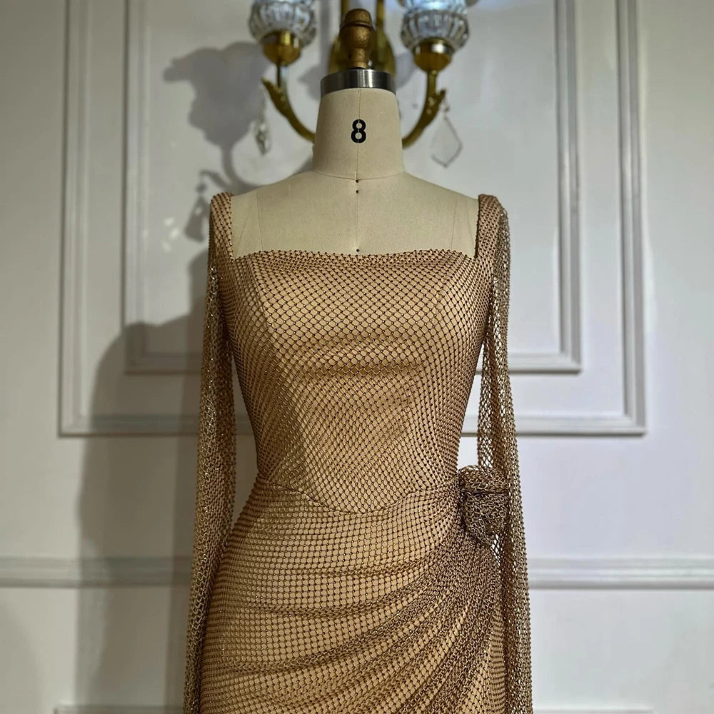 Luxury Dubai Customize Nude Elegant High Split Beaded Mermaid Saudi Arabic Evening Dresses Gown For Formal Occasion LA72801A - SERENE HILL