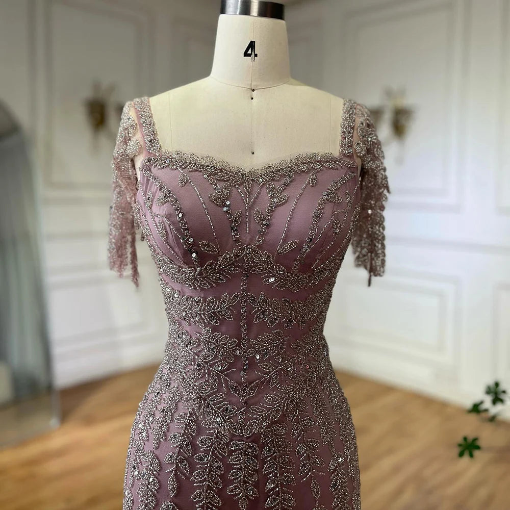 Pink Mermaid Beaded Evening Dress with Short Sleeves LA72787 - SERENE HILL