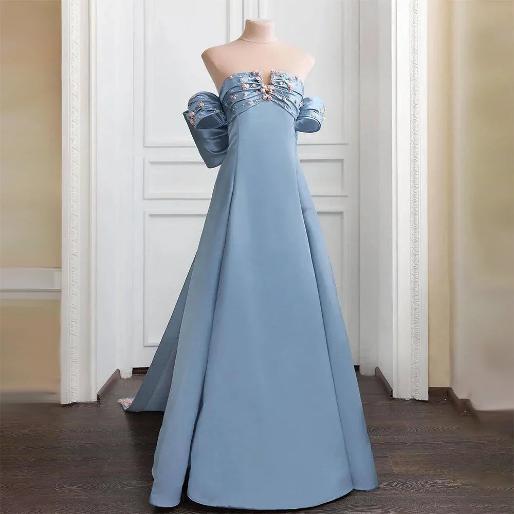 Luxury Dubai Arabic Blue Beaded A-Line Saudi Evening Gown for Formal Occasion LA72792 - SERENE HILL