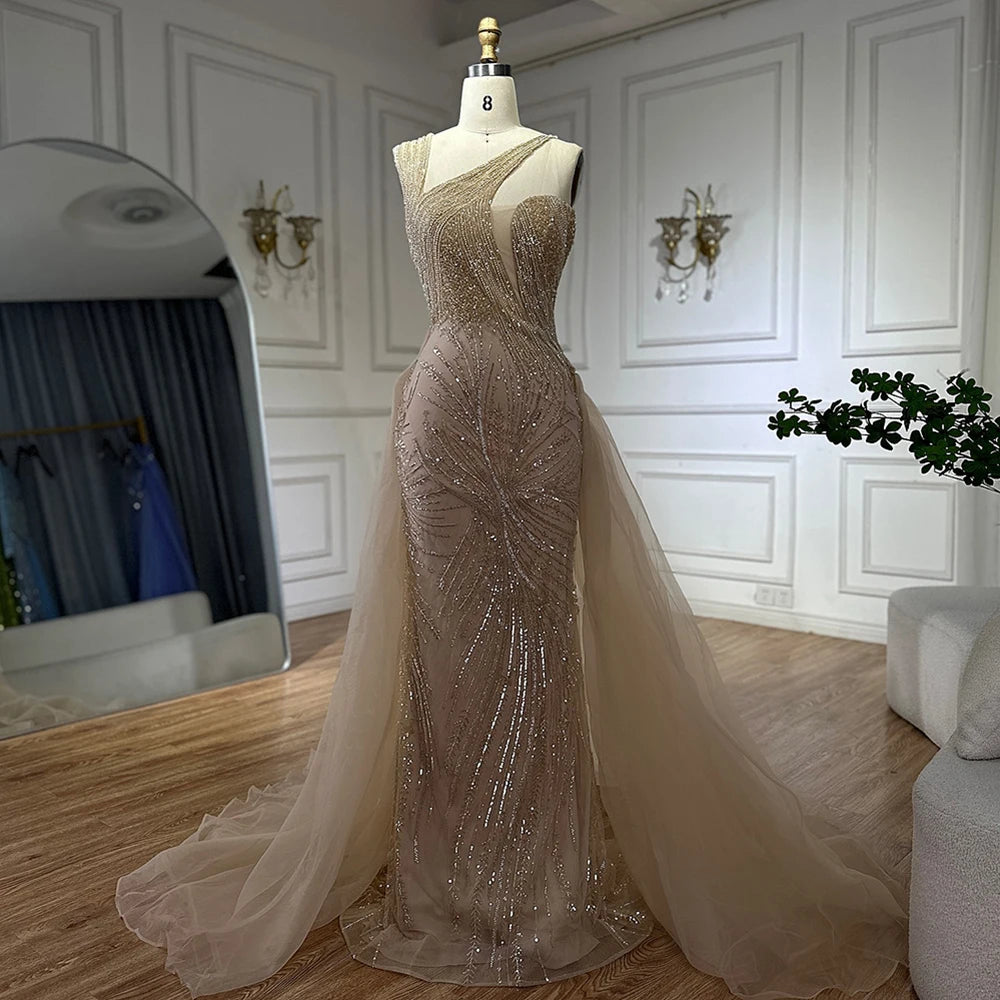 Luxury Dubai Nude Mermaid Green Evening Gown with Elegant One Shoulder Overskirt for Formal Occasion LA72031A Green / 12