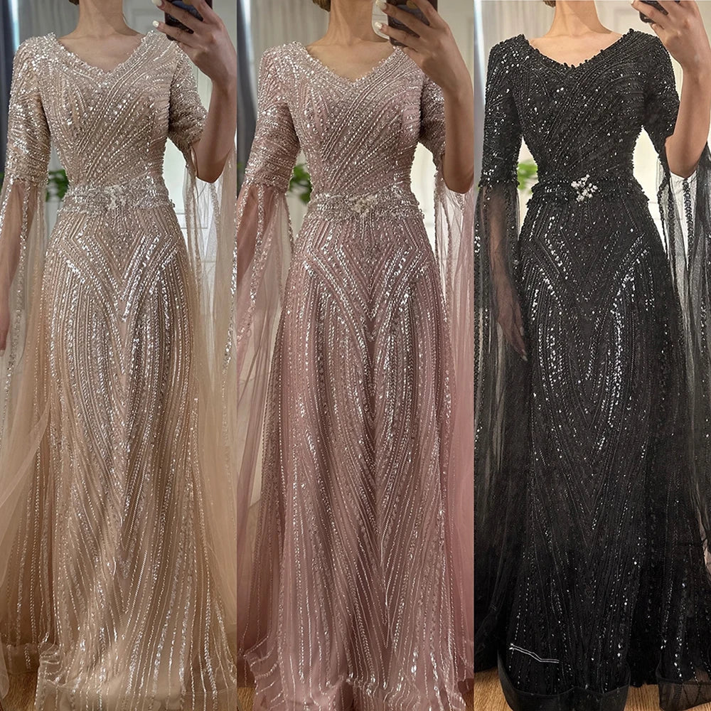 Luxury Dubai Caramel A-Line Beaded Evening Dress with Cape Sleeves LA72798 - SERENE HILL