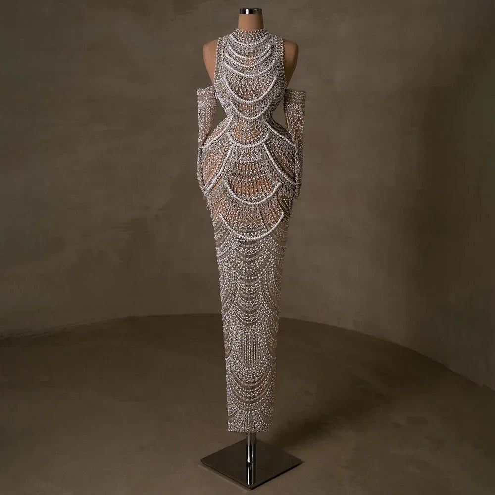 Luxury Dubai Arabia Nude Mermaid Elegant Evening Dress Gowns with Pearls Beaded for Formal Occasion LA72091A - SERENE HILL