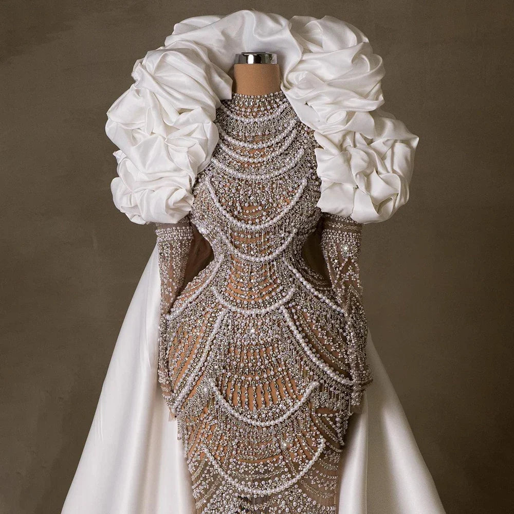 Luxury Dubai Arabia Nude Mermaid Elegant Evening Dress Gowns with Pearls Beaded for Formal Occasion LA72091A - SERENE HILL