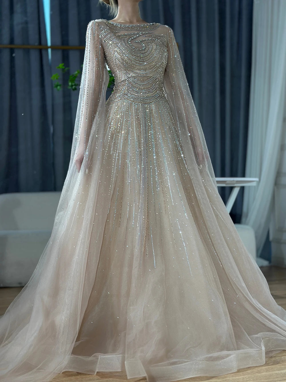 Dubai Caramel A-Line Beaded Evening Dress with Cape Sleeves LA72799 - SERENE HILL