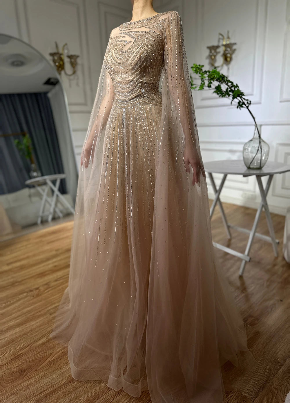 Dubai Caramel A-Line Beaded Evening Dress with Cape Sleeves LA72799 - SERENE HILL