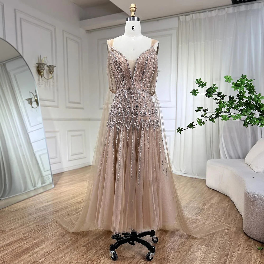 Luxury Dubai Arabic Nude A-Line Midi Straps Beaded Evening Dresses Gowns For Women Wedding Party LA71911 - SERENE HILL