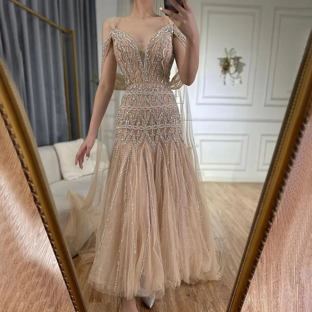 Luxury Dubai Arabic Nude A-Line Midi Straps Beaded Evening Dresses Gowns For Women Wedding Party LA71911 - SERENE HILL