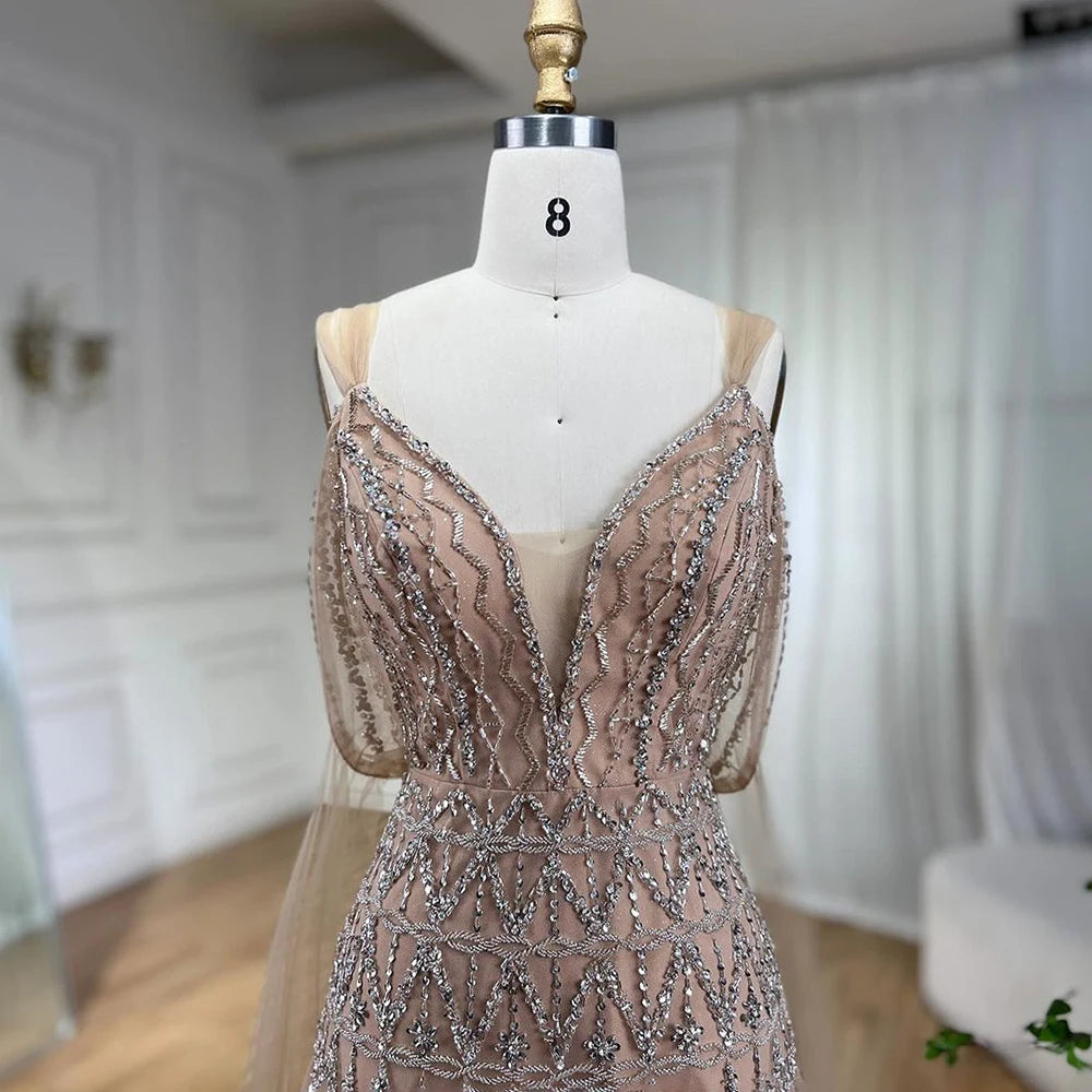 Luxury Dubai Arabic Nude A-Line Midi Straps Beaded Evening Dresses Gowns For Women Wedding Party LA71911 - SERENE HILL