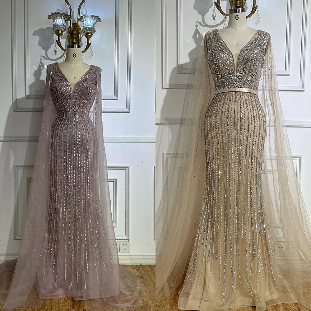 Luxury Dubai Pink Cape Sleeves Beaded Evening Dresses Gowns For Women Wedding Party LA72864 - SERENE HILL