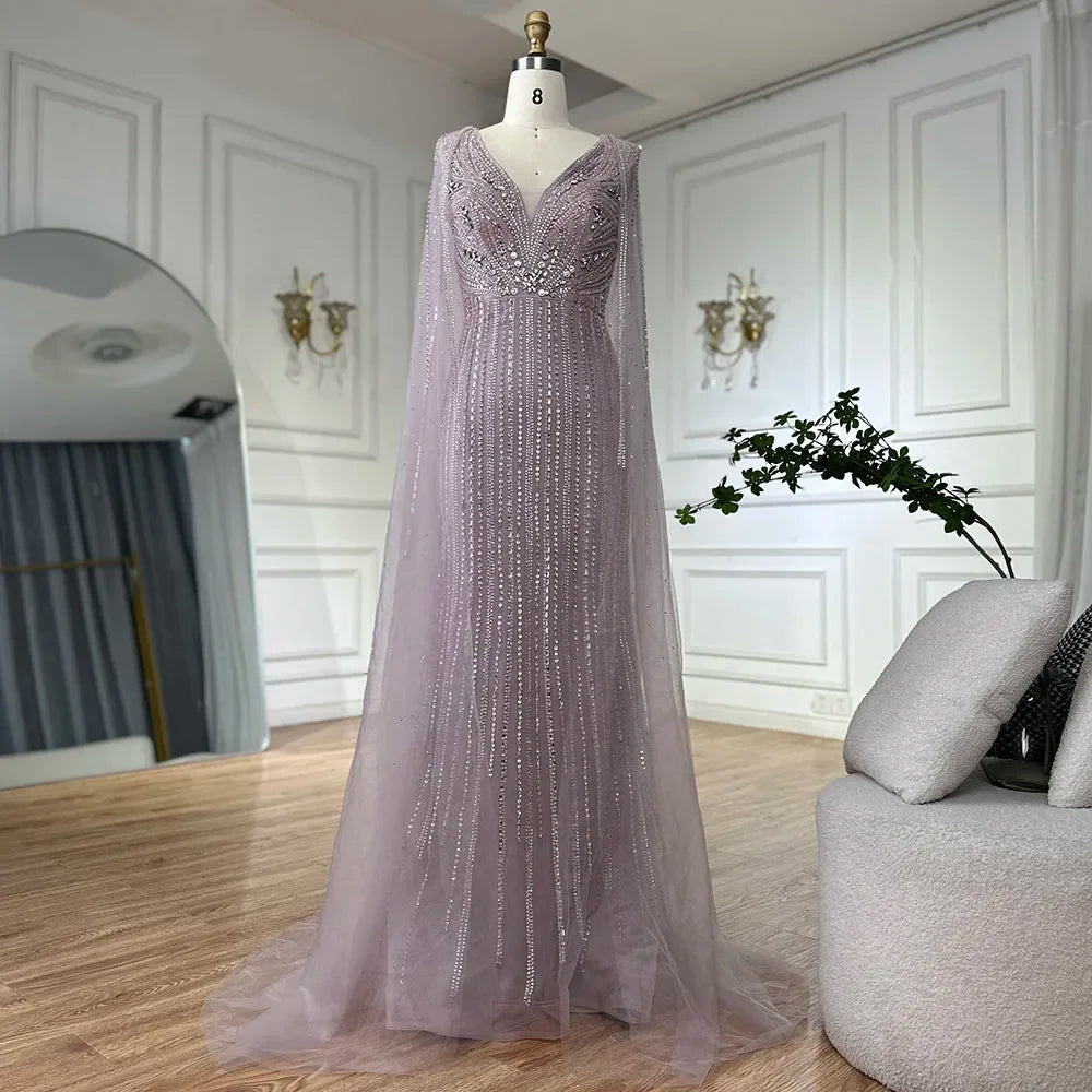 Luxury Dubai Pink Cape Sleeves Beaded Evening Dresses Gowns For Women Wedding Party LA72864 - SERENE HILL
