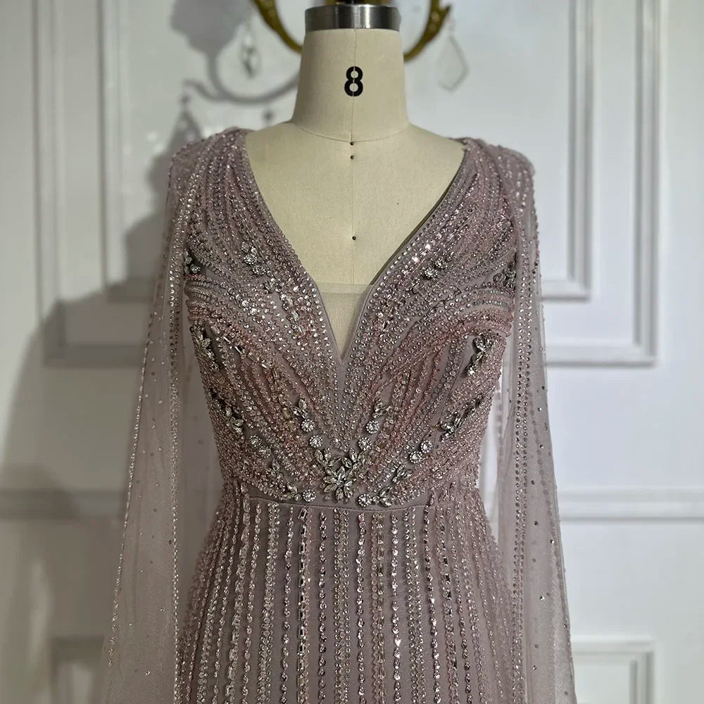 Luxury Dubai Pink Cape Sleeves Beaded Evening Dresses Gowns For Women Wedding Party LA72864 - SERENE HILL