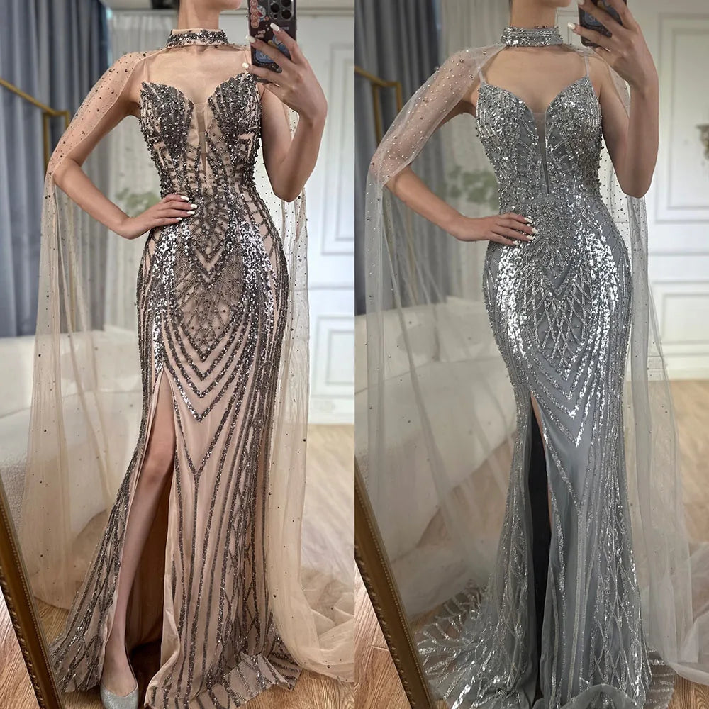 Luxury Dubai Black Nude Beaded Spaghetti Strap Evening Dress Gown with Long Cape for Formal Occasion LA72795 - SERENE HILL