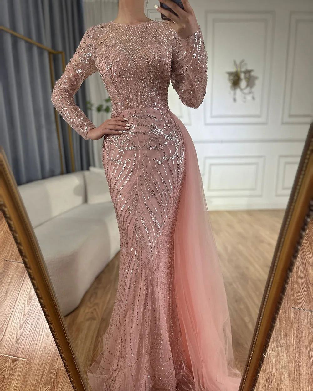 Luxury Dubai Caramel Beaded Mermaid Long Arabic Evening Dresses Gowns With Overskirt for Formal Occasion LA71673A - SERENE HILL