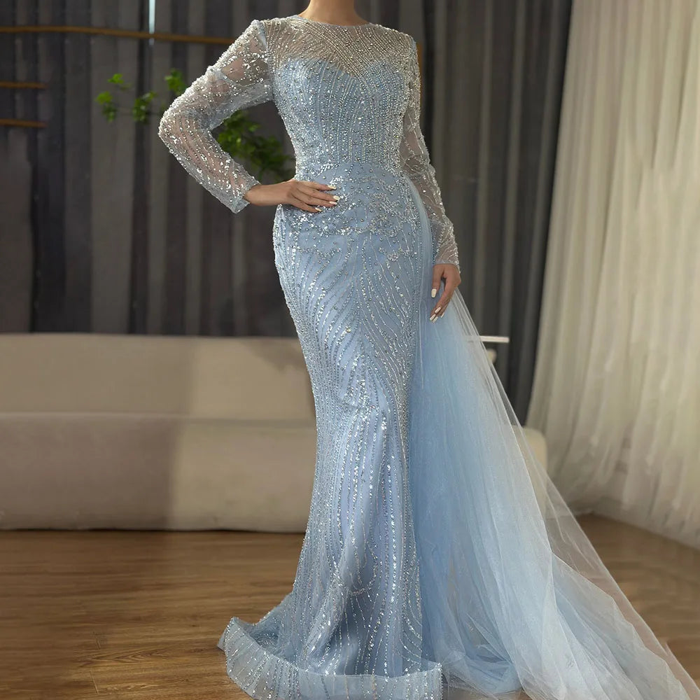Luxury Dubai Caramel Beaded Mermaid Long Arabic Evening Dresses Gowns With Overskirt for Formal Occasion LA71673A - SERENE HILL