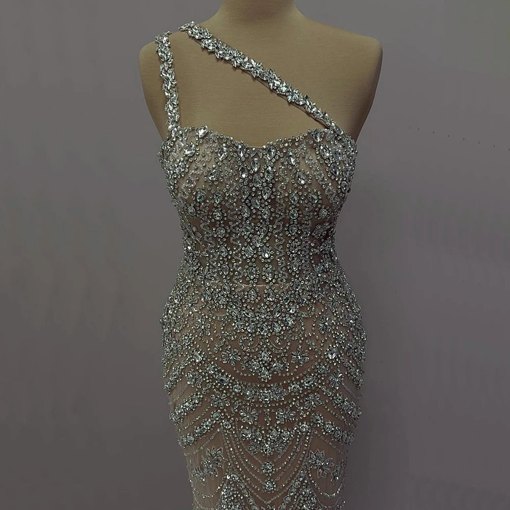 Luxury Dubai Elegant Nude One Shoulder Beaded Evening Dresses Gowns for Formal Occasion LA72791 - SERENE HILL