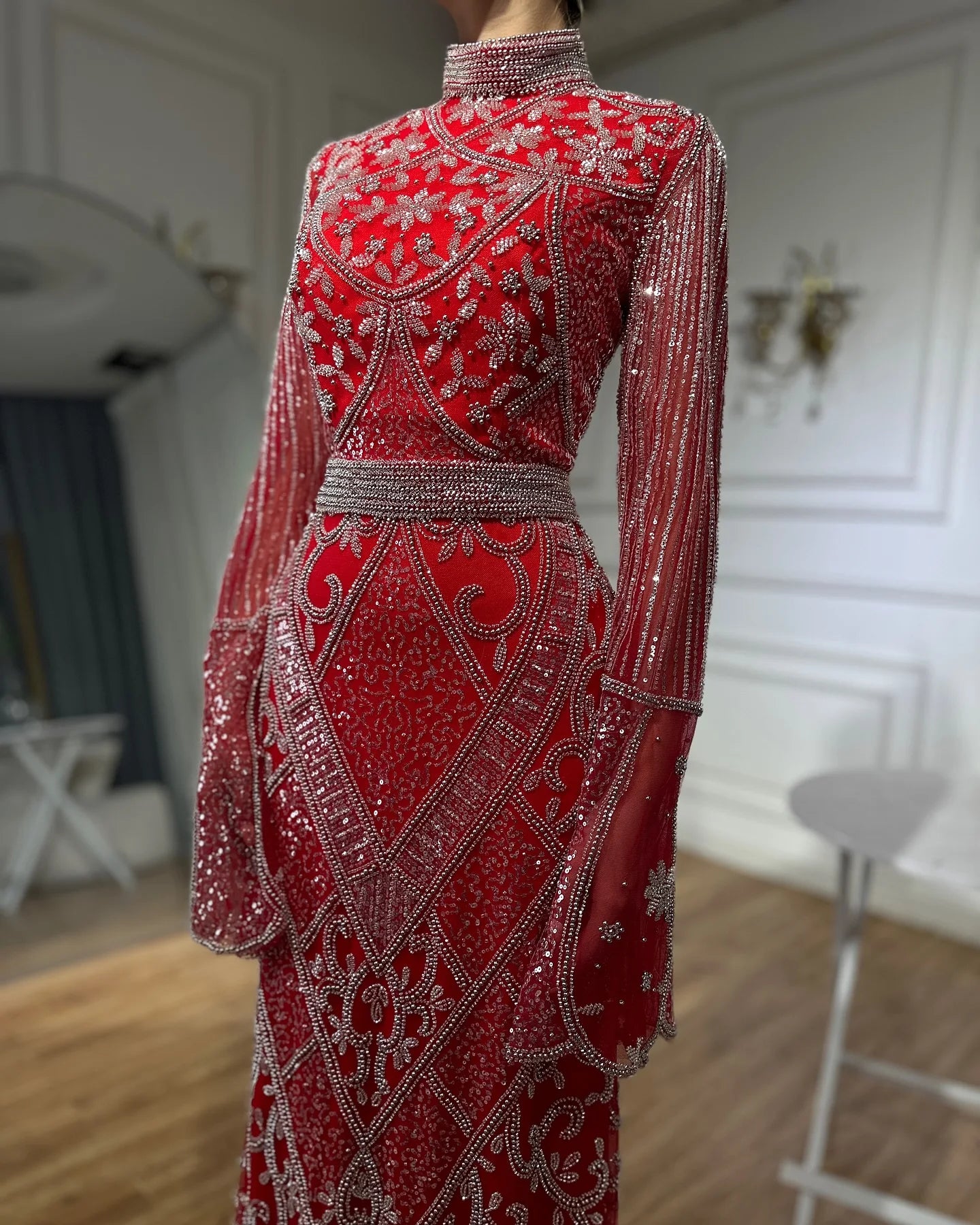 Luxury Dubai Muslim Red Mermaid Black Evening Dress with Cape Sleeves and Beaded for Formal Occasion LA72316C - SERENE HILL