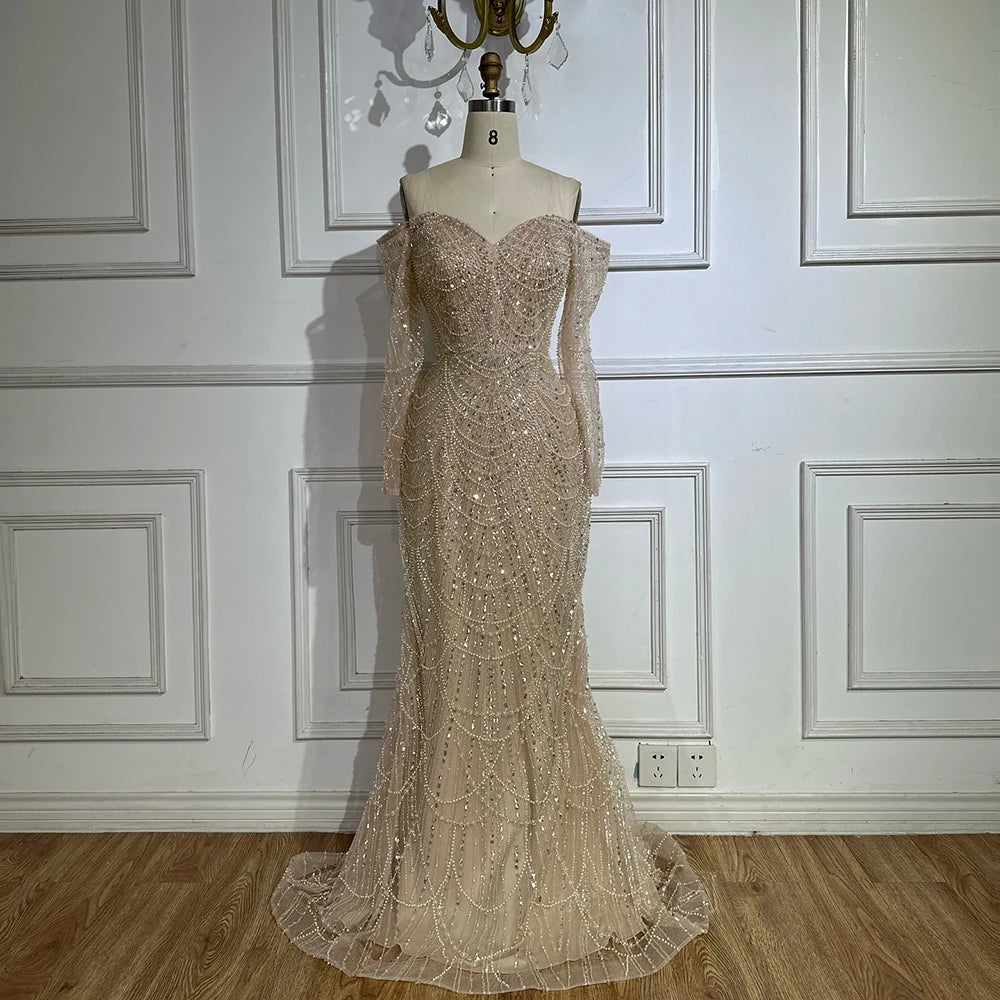 Luxury Dubai Nude Mermaid Arabia Beaded Evening Dress Gown with Detachable Skirt for Formal Occasion LA72243A - SERENE HILL