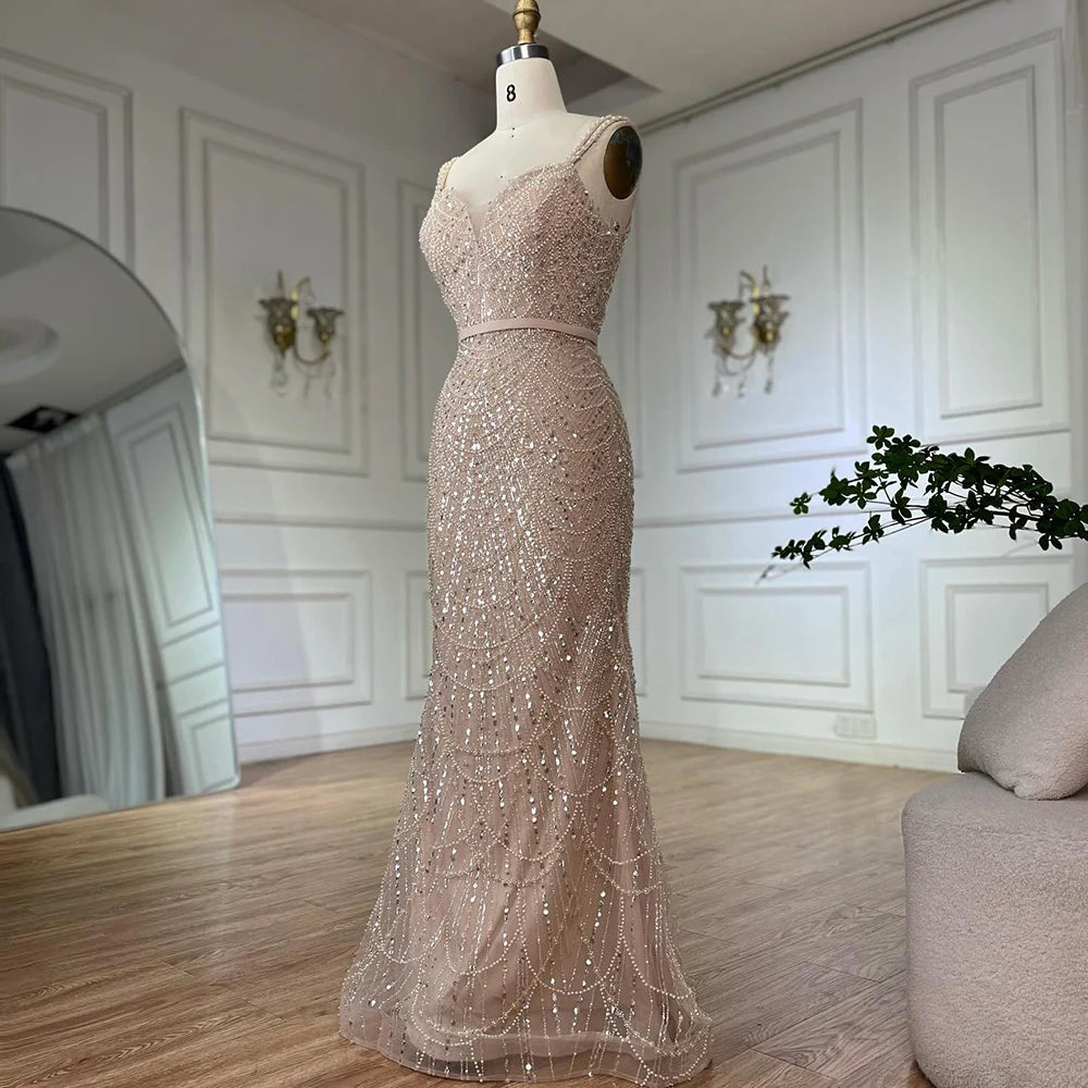 Luxury Dubai Nude Spaghetti Strap Beaded Mermaid Gown with Detachable Long Sleeve Jacket for Formal Occasion LA72160C - SERENE HILL