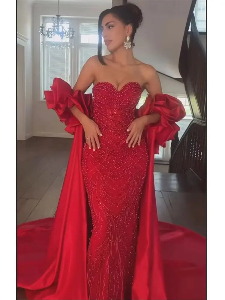 Red Long Cape Pearls Beaded Mermaid Evening Dress Gown LA72585A - SERENE HILL