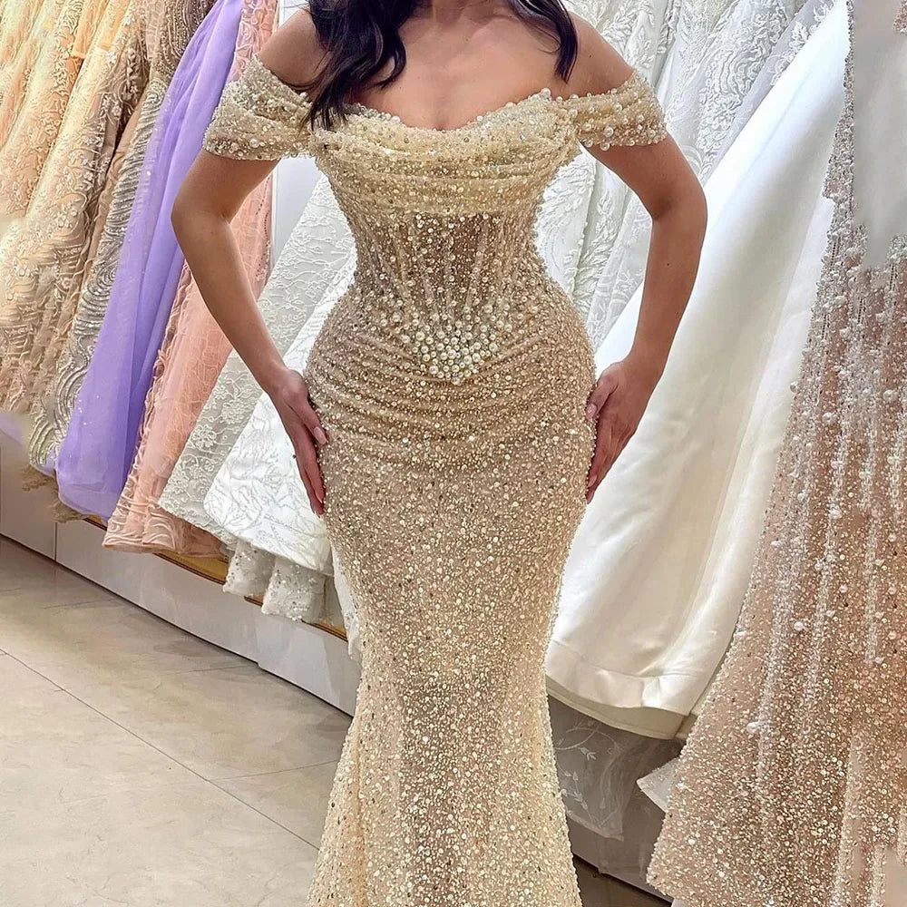 Serene Hill Dubai Arabia Nude Elegant Mermaid Evening Dresses Gowns Luxury Pearls Beaded 2025 For Women Wedding Party LA72270 - SERENE HILL