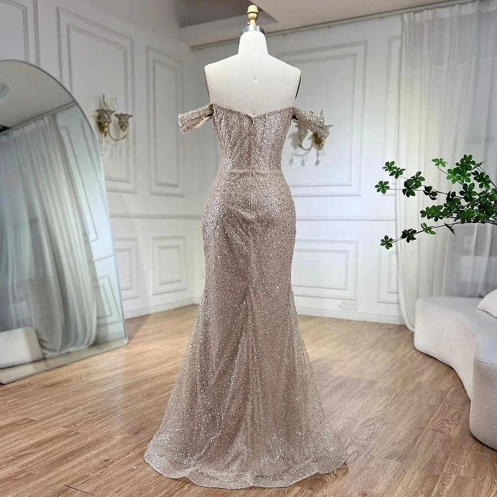 Serene Hill Dubai Arabia Nude Elegant Mermaid Evening Dresses Gowns Luxury Pearls Beaded 2025 For Women Wedding Party LA72270 - SERENE HILL