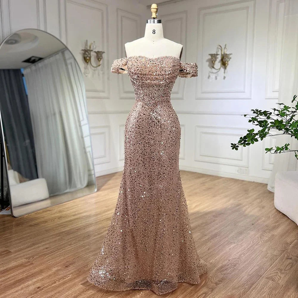 Serene Hill Dubai Arabia Nude Elegant Mermaid Evening Dresses Gowns Luxury Pearls Beaded 2025 For Women Wedding Party LA72270 - SERENE HILL