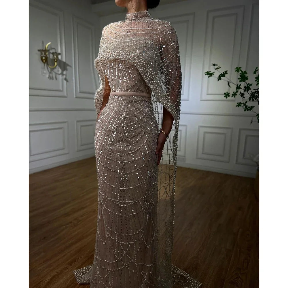 Luxury Designer Pearls Green Evening Dresses with Cape LA72032 - SERENE HILL