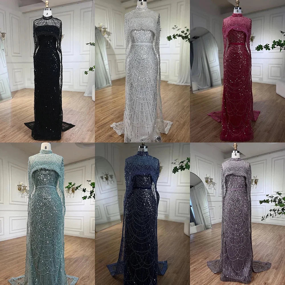 Luxury Designer Pearls Green Evening Dresses with Cape LA72032 - SERENE HILL