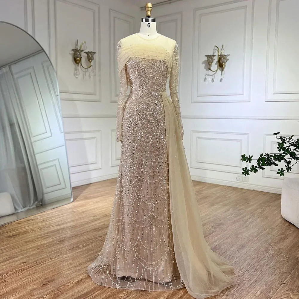 Luxury Champagne Mermaid Long Sleeves Arabic Evening Dress LA72254A - SERENE HILL