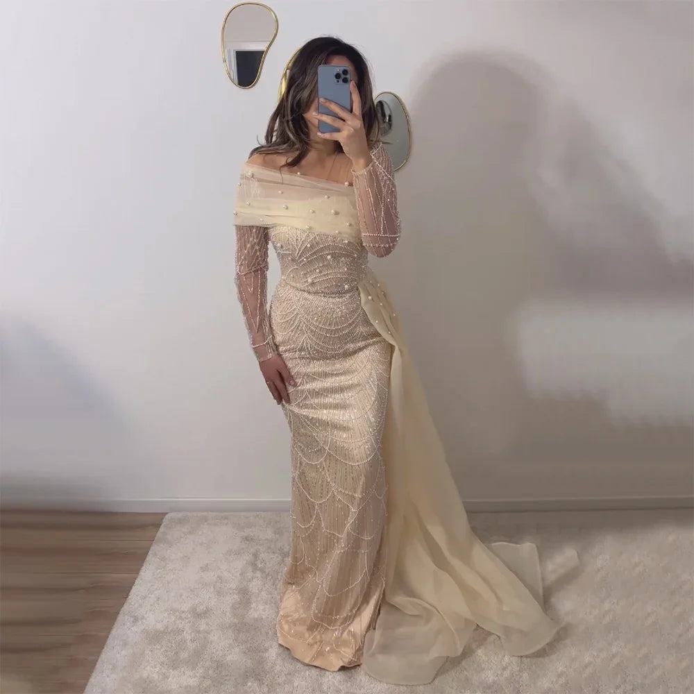 long sleeve champagne mermaid dress Luxury Champagne Mermaid Long Sleeves Arabic Evening Dress LA72254A Pink / 18w