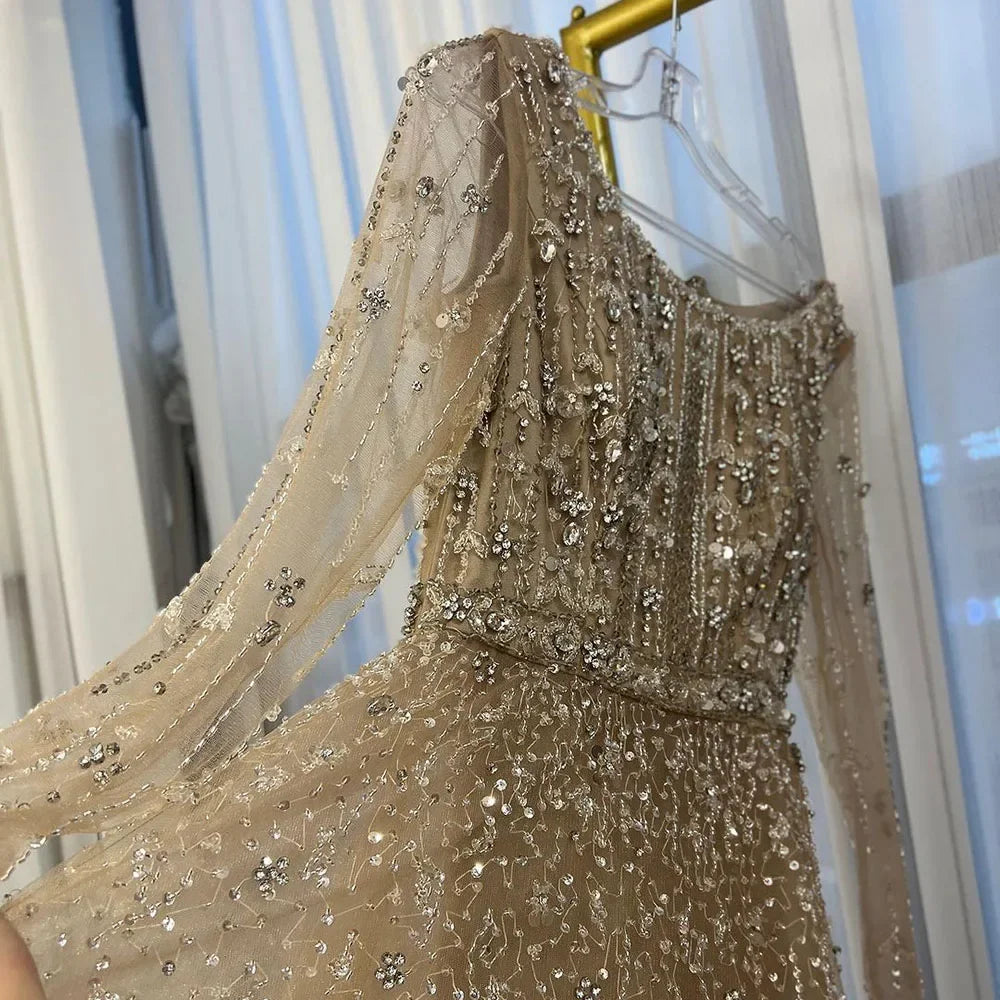 Dubai Designer Luxury Nude A-Line Beaded Evening Dress LA72088 - SERENE HILL
