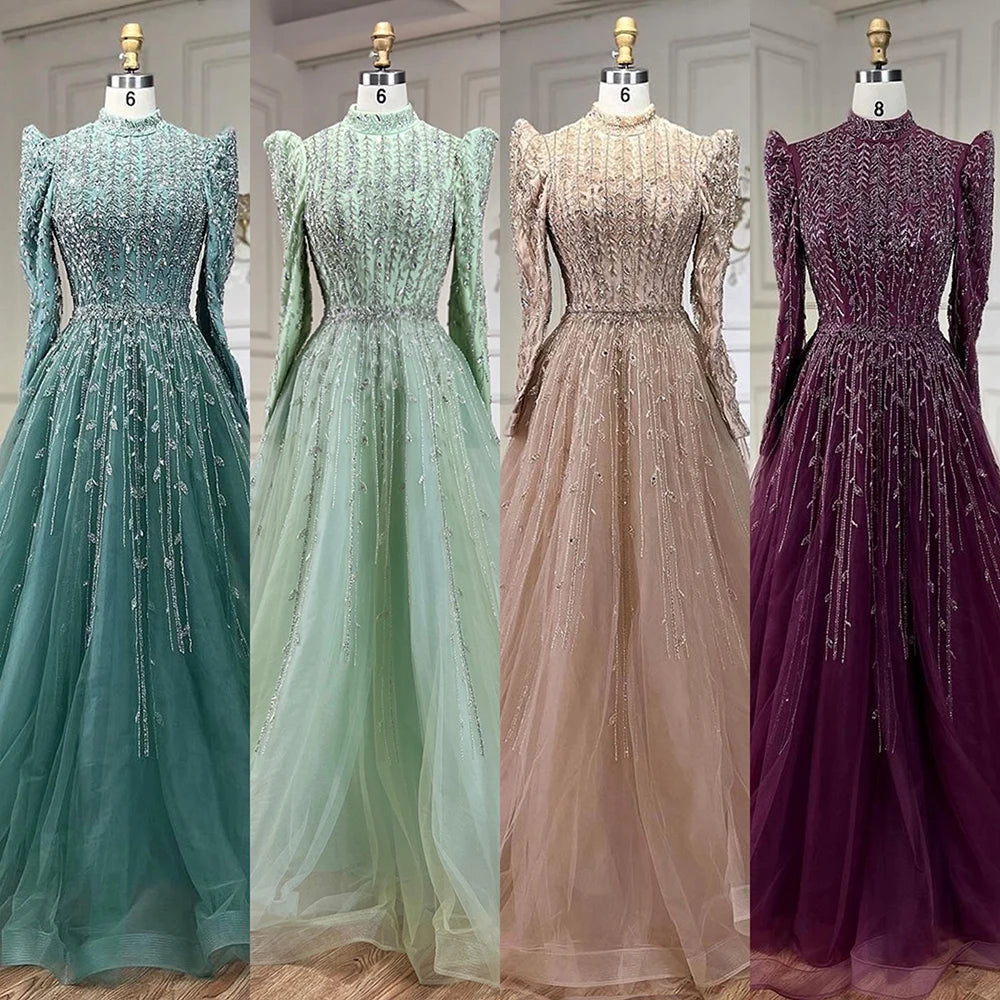 Serene Hill Dubai Arabic Designer Luxury Sage Green A Line Beaded Evening Dresses Gowns For Women Wedding Party 2025 LA72342 - SERENE HILL