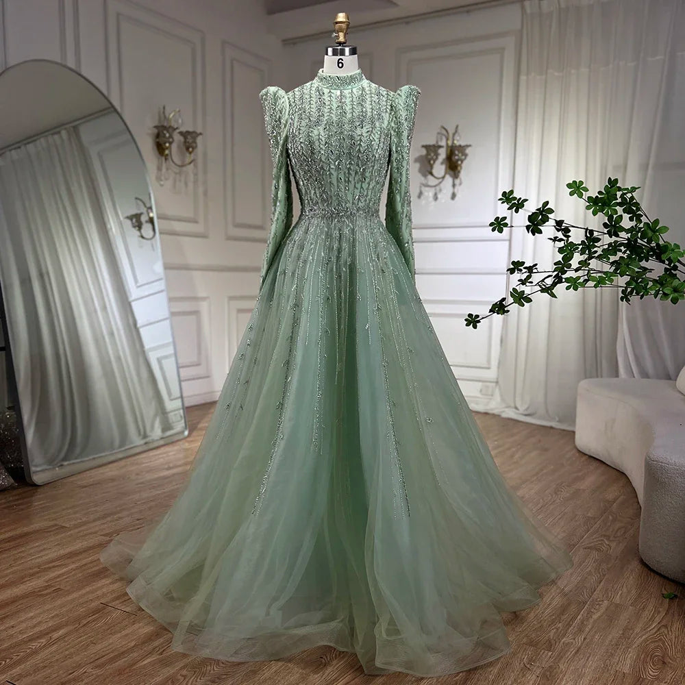 Serene Hill Dubai Arabic Designer Luxury Sage Green A Line Beaded Evening Dresses Gowns For Women Wedding Party 2025 LA72342 - SERENE HILL