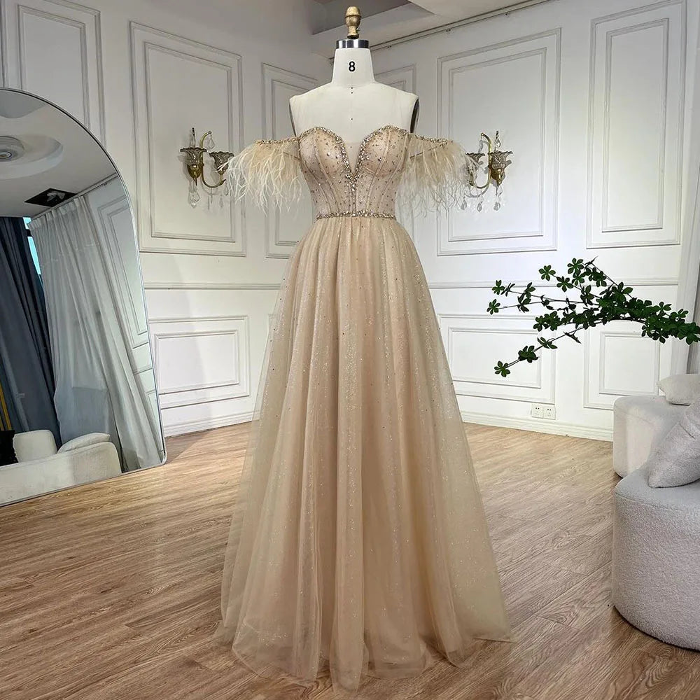 Serene Hill Dubai Arabic Elegant Lilac Feathers Beaded A-Line Evening Gown 2025 Luxury Dress for Women Long Party Dress LA72326 - SERENE HILL