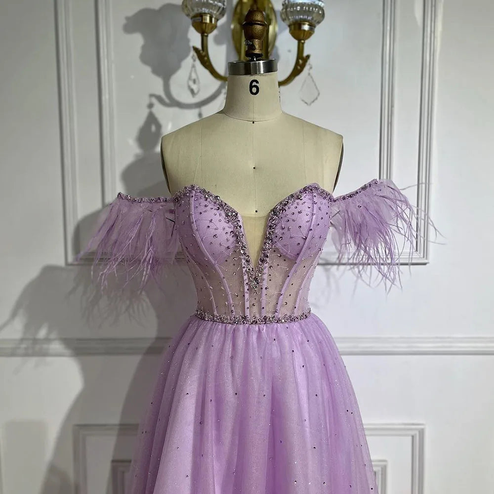 Serene Hill Dubai Arabic Elegant Lilac Feathers Beaded A-Line Evening Gown 2025 Luxury Dress for Women Long Party Dress LA72326 - SERENE HILL