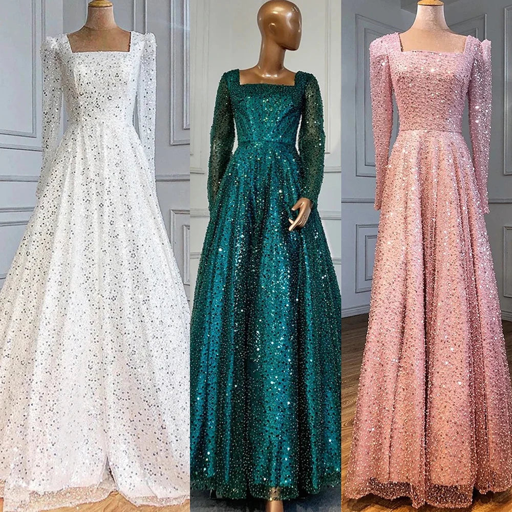 Serene Hill Dubai Arabic Green A Line Luxury Evening Dresses Gowns Beaded Long Sleeve For Women Wedding Party 2025 LA70271 - SERENE HILL