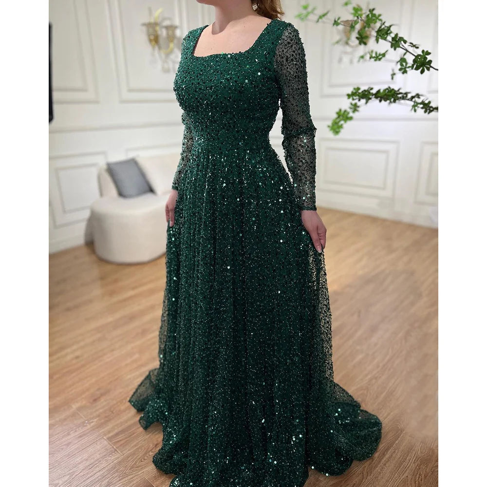 Serene Hill Dubai Arabic Green A Line Luxury Evening Dresses Gowns Beaded Long Sleeve For Women Wedding Party 2025 LA70271 - SERENE HILL