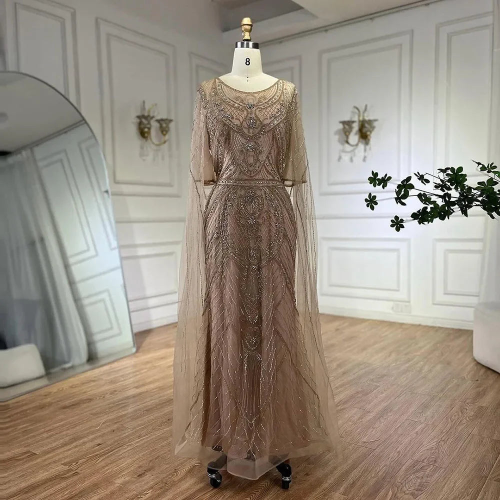 Serene Hill Dubai Arabic Green Mermaid Evening Dress with Elegant Luxury Beaded Cape Sleeves for Women&