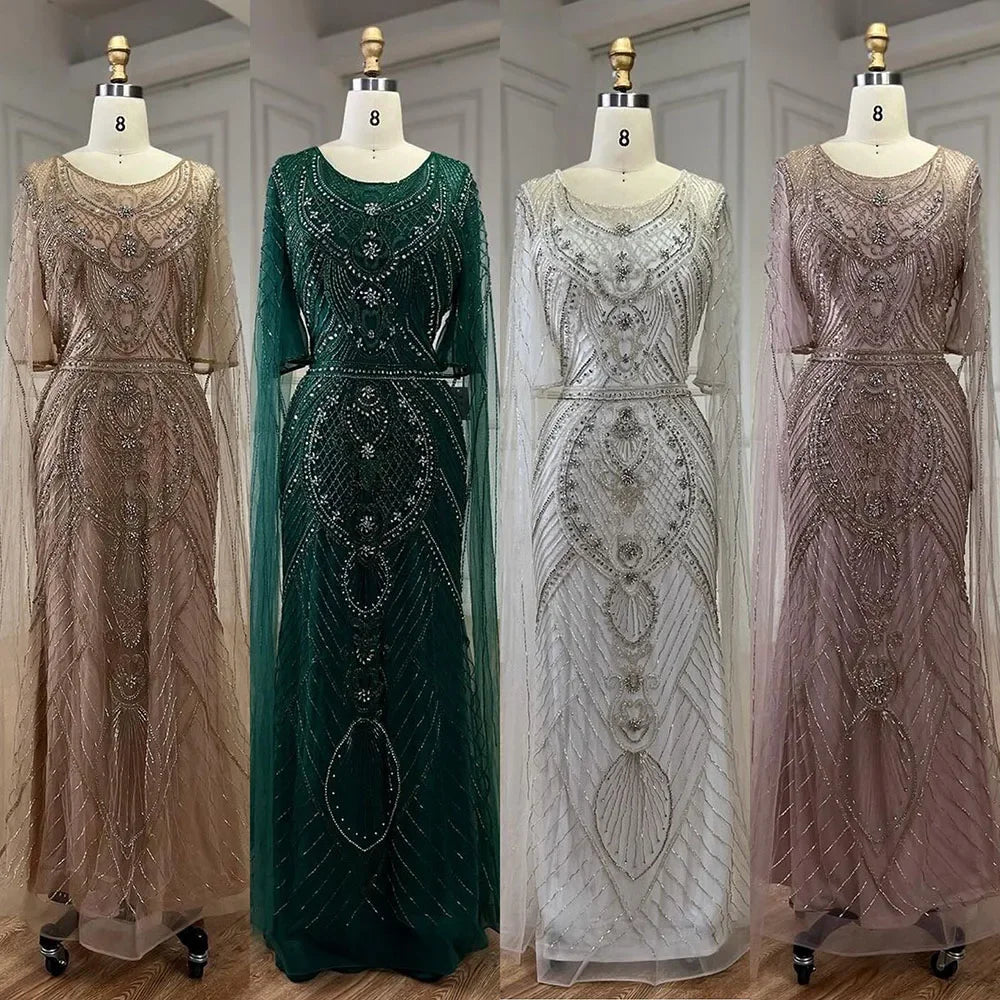 Serene Hill Dubai Arabic Green Mermaid Evening Dress with Elegant Luxury Beaded Cape Sleeves for Women&