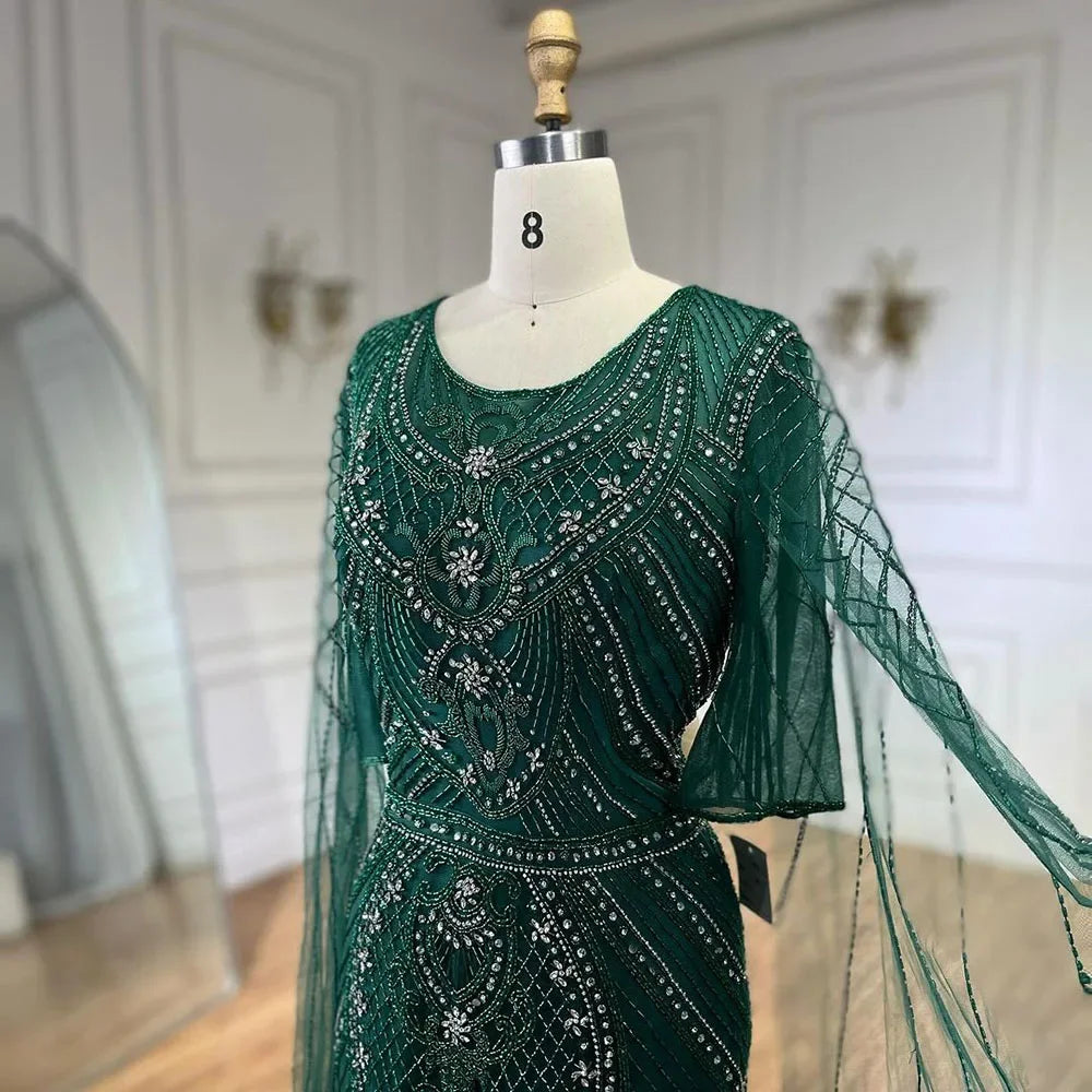 Serene Hill Dubai Arabic Green Mermaid Evening Dress with Elegant Luxury Beaded Cape Sleeves for Women&