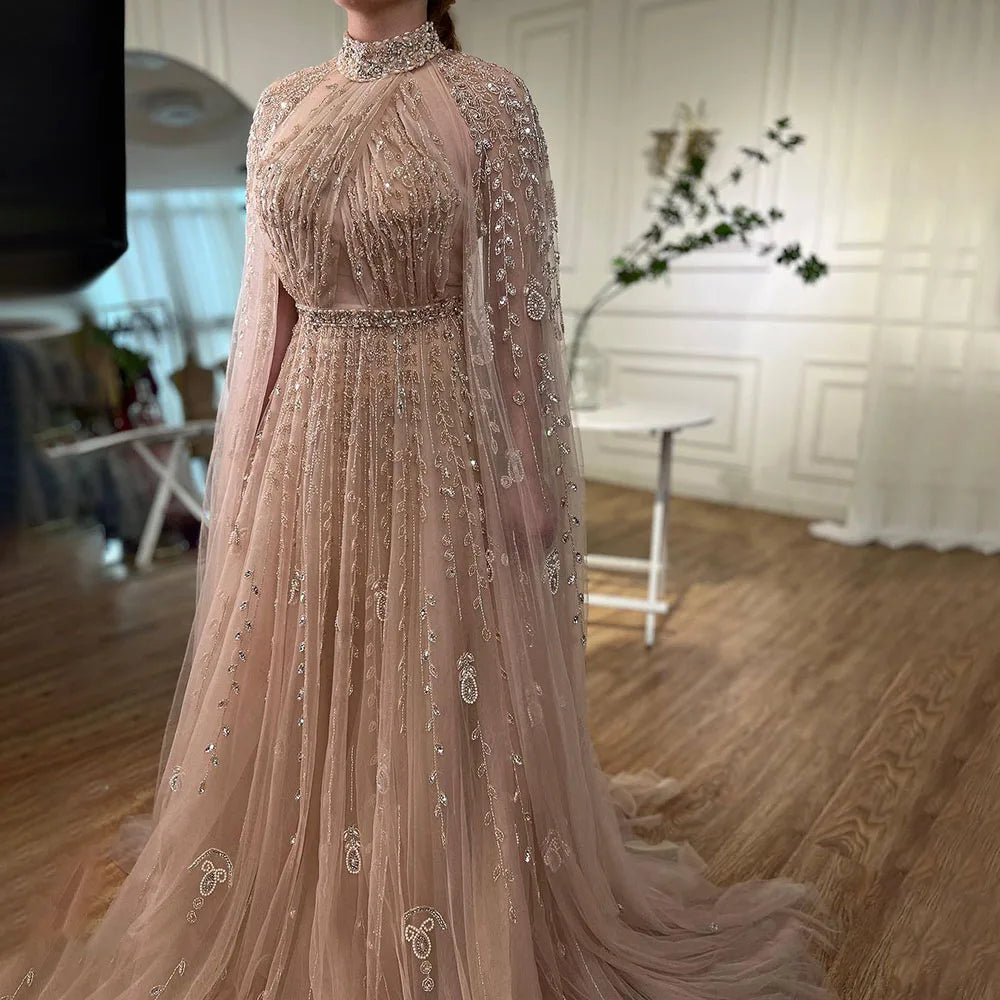 Luxury Evening Dress with Cape Sleeve Long LA71803 - SERENE HILL