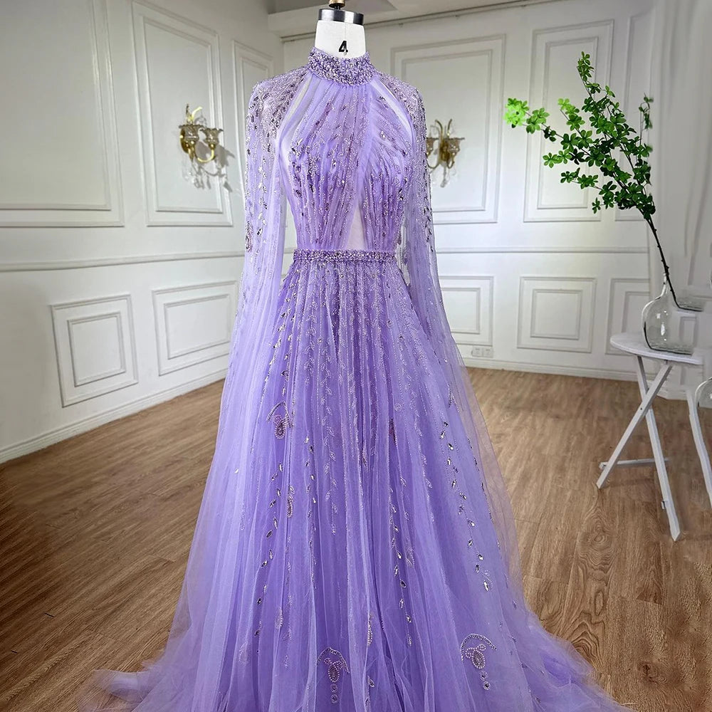 Luxury Evening Dress with Cape Sleeve Long LA71803 - SERENE HILL