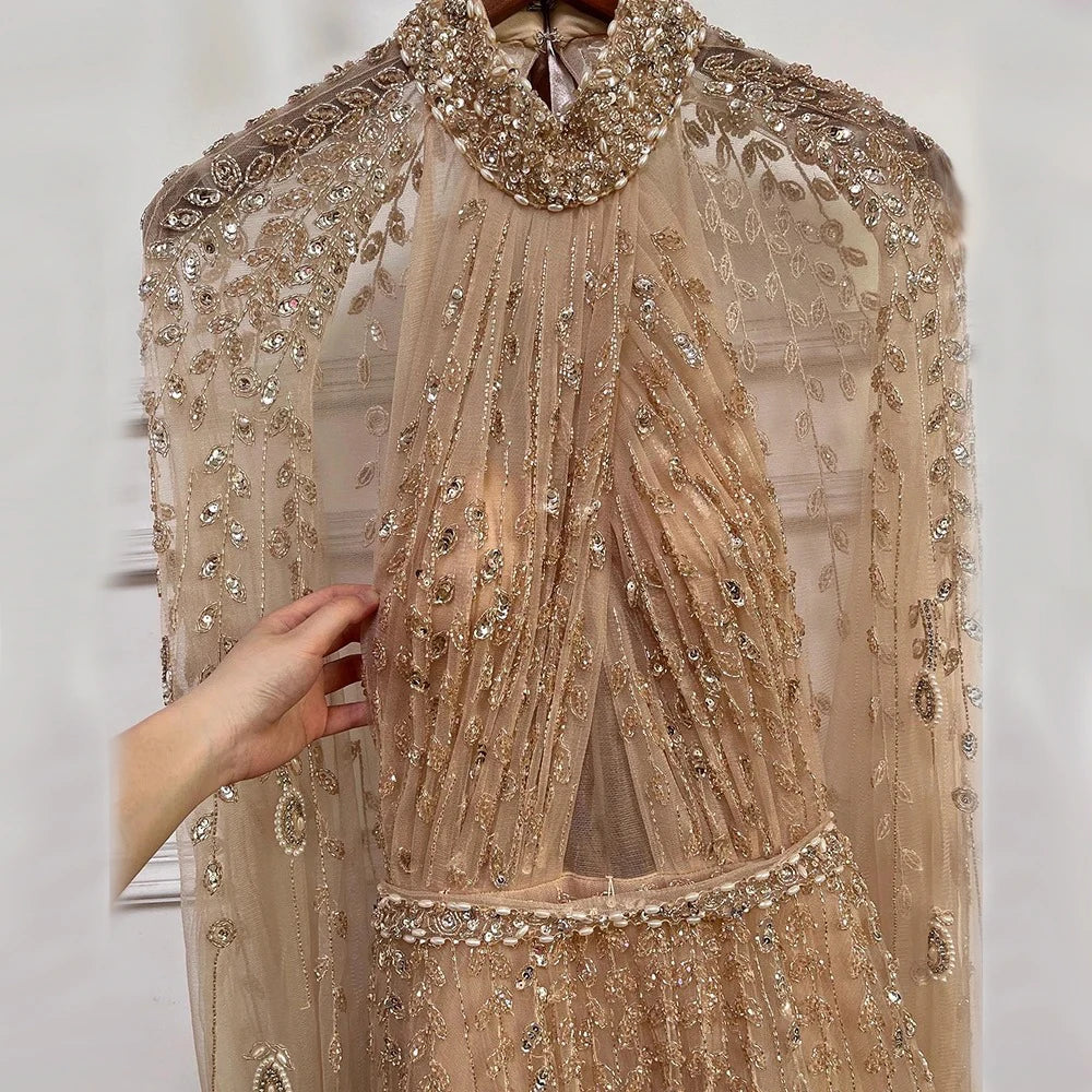 Luxury Evening Dress with Cape Sleeve Long LA71803 - SERENE HILL