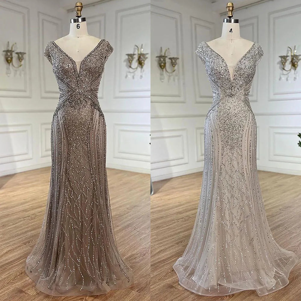 Serene Hill Dubai Beige Elegant Sleeveles Mermaid Beaded Arabic Evening Dresses Gowns for Women Wedding Party 2025 LA72456 - SERENE HILL
