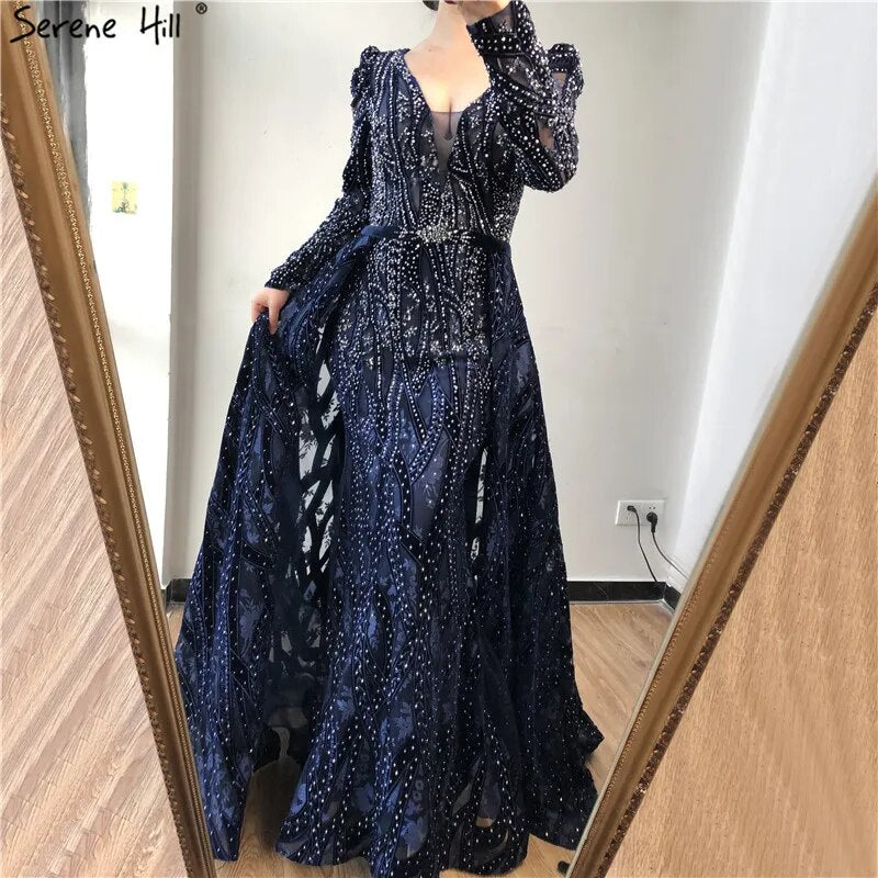 Serene Hill Dubai Blue Mermaid Deep-V Crystal Sexy Long Sleeves Luxury Party Dresses Formal Women Evening 2025 Plus Size LA70223 - SERENE HILL