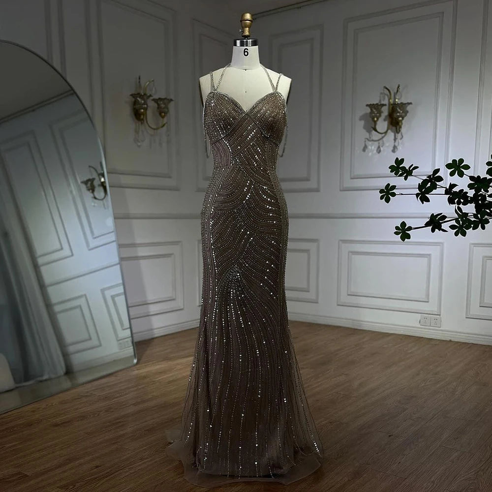 Serene Hill Dubai Caramel Luxury Beaded Spaghetti Strap Mermaid Evening Dresses Gowns for Women Wedding Party 2025 LA72501 - SERENE HILL