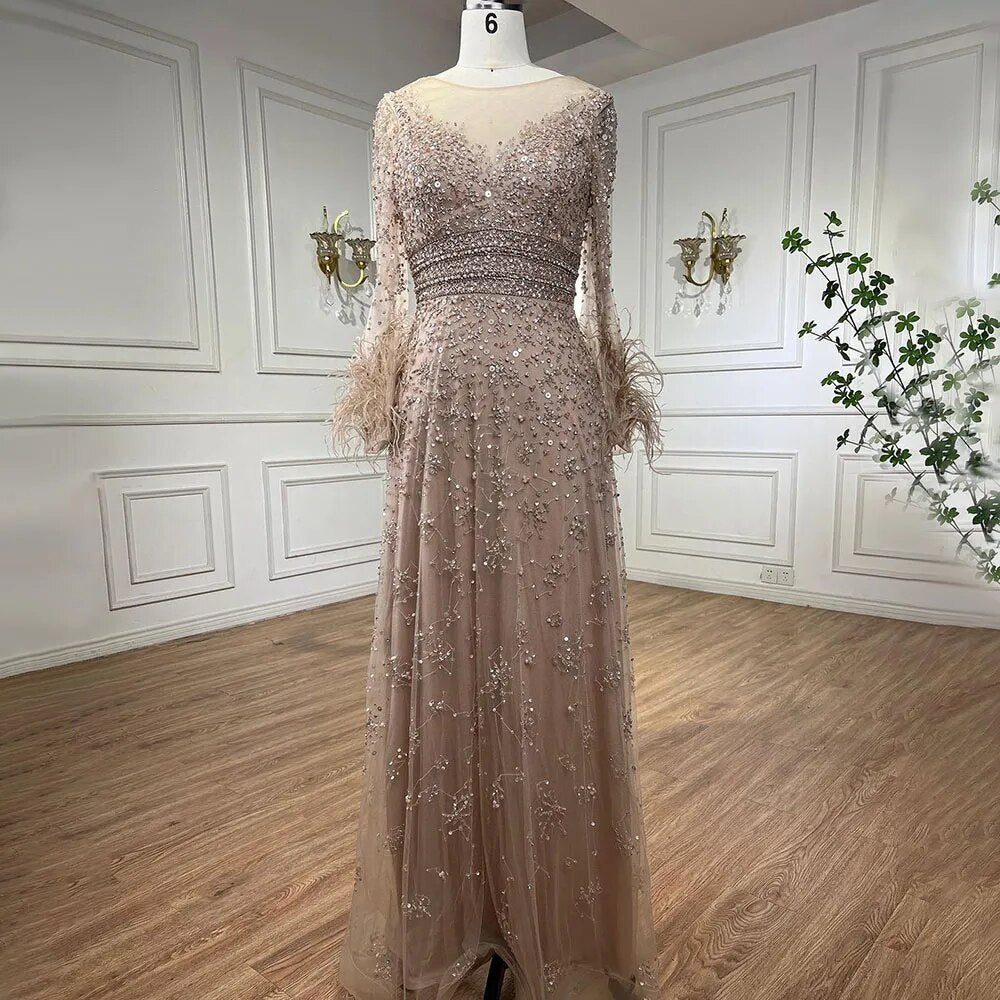 Elegant Champagne Feathers Long Sleeves Evening Dress LA71654 - SERENE HILL