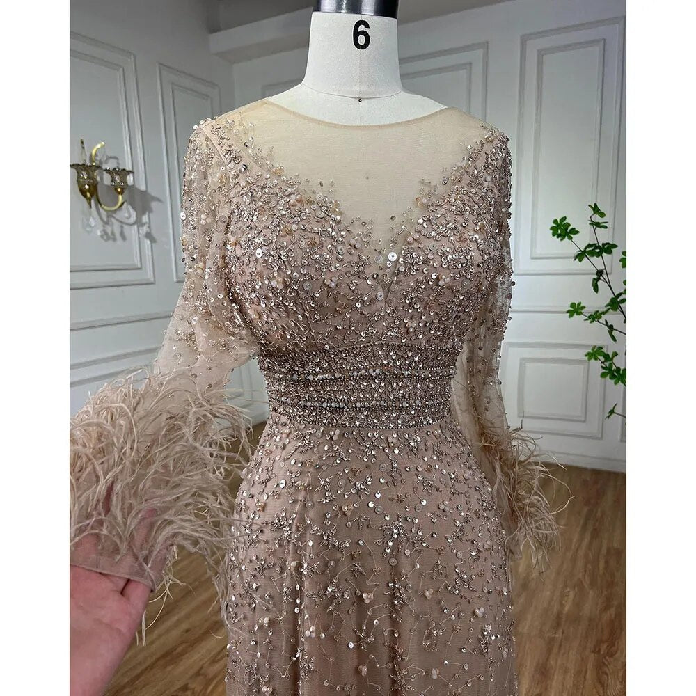 Elegant Champagne Feathers Long Sleeves Evening Dress LA71654 - SERENE HILL