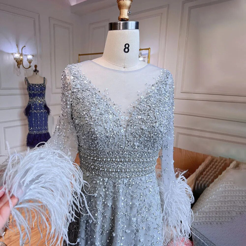 Elegant Champagne Feathers Long Sleeves Evening Dress LA71654 - SERENE HILL